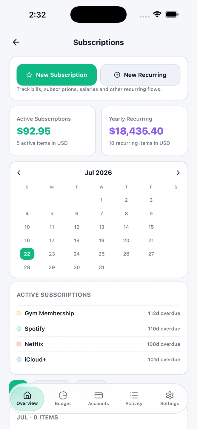 Real Moni subscriptions and upcoming payments screen. Sample data.