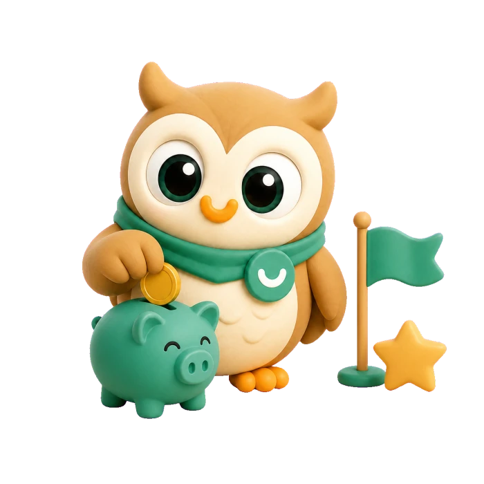 Original Moni illustration: the owl saves a coin beside a flag representing a goal.